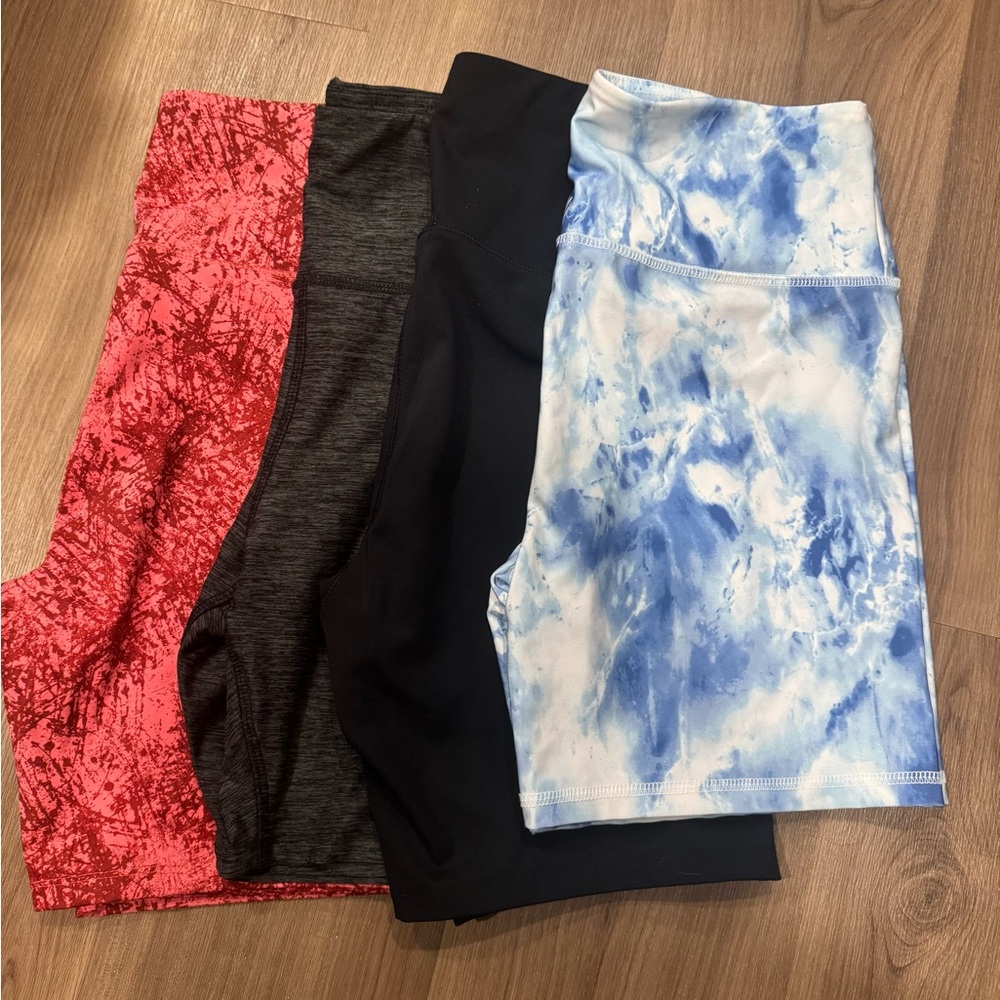 Set of Four Forever 21 Bike Shorts in Pink/Red, Grey, Black, and Blue Tie-Dye